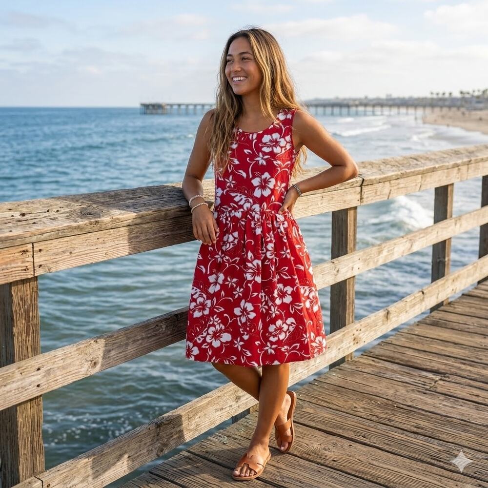 VTG Hilo Hattie's The Hawaiian Original Red Hibiscus Sleeveless Dress Girl XL